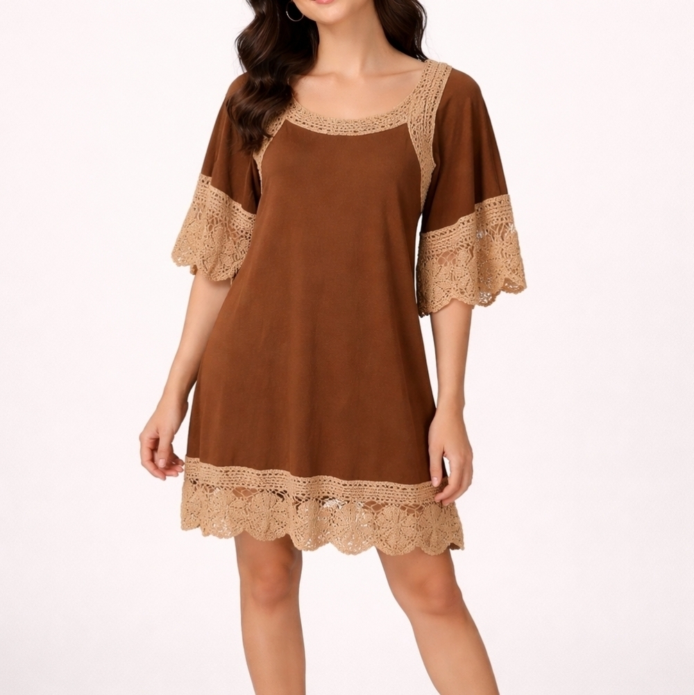 JUDITH MARCH Brown Crochet Metallic Lace Trim Boho Mini Dress